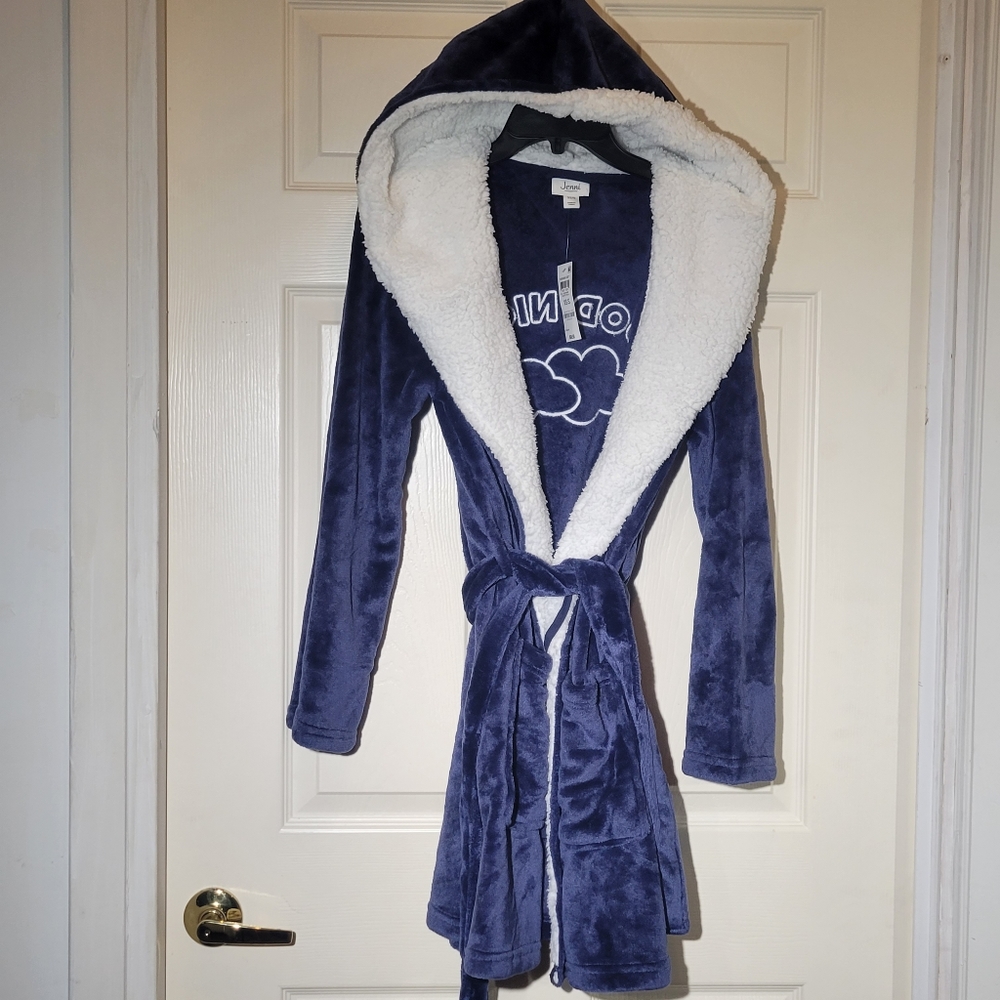 Jenni Women's XS / Small Printed Short Sherpa Hooded Robe Good Night Blue